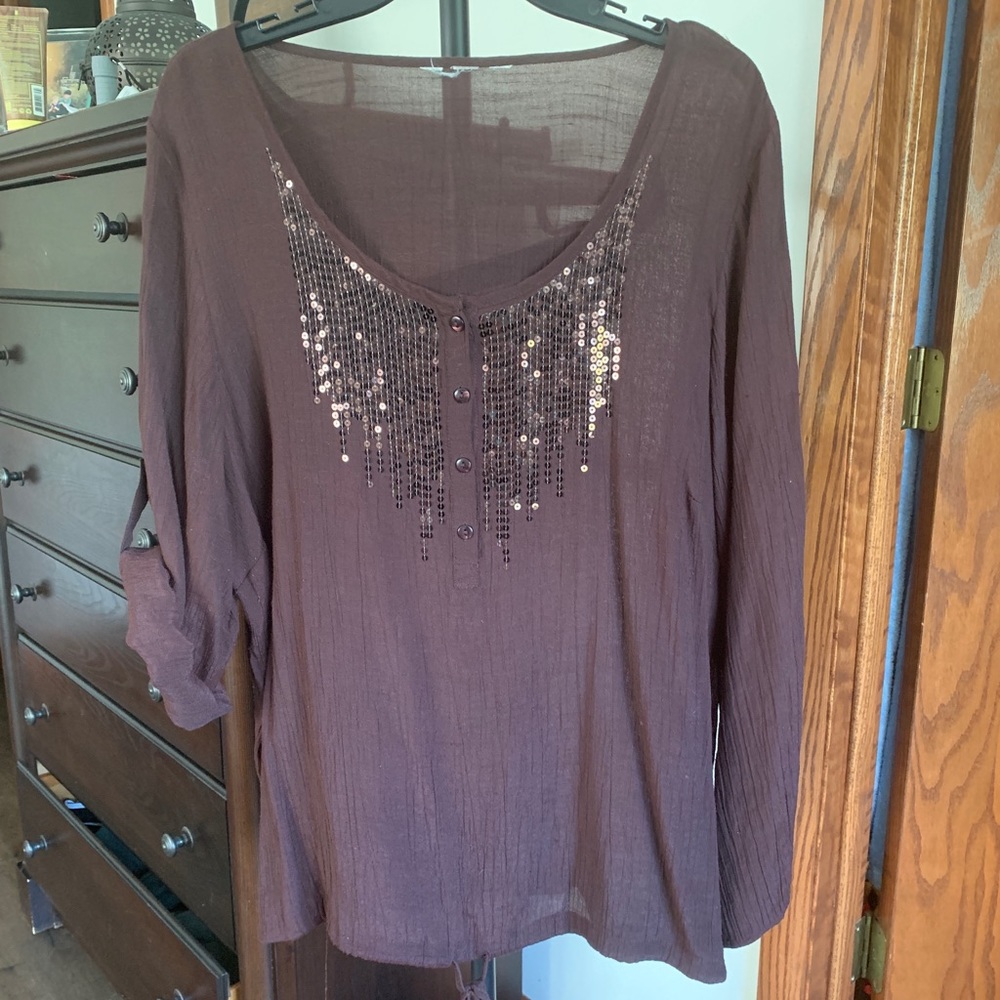 Brown Sequined Blouse, Size 2X